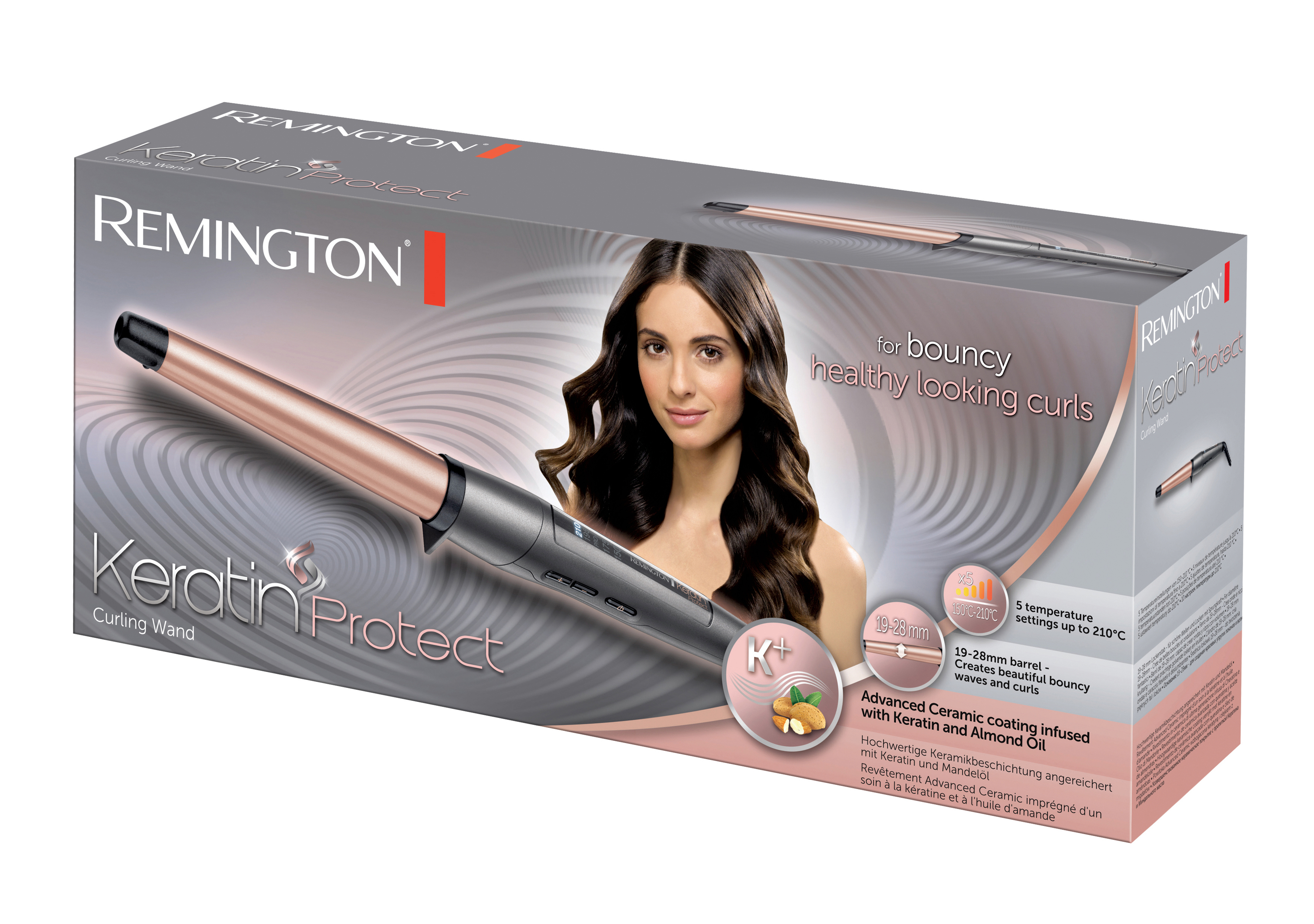 Remington Keratin Protect Lockenstab-Box. Frau mit gelocktem Haar, Lockenstab sichtbar.