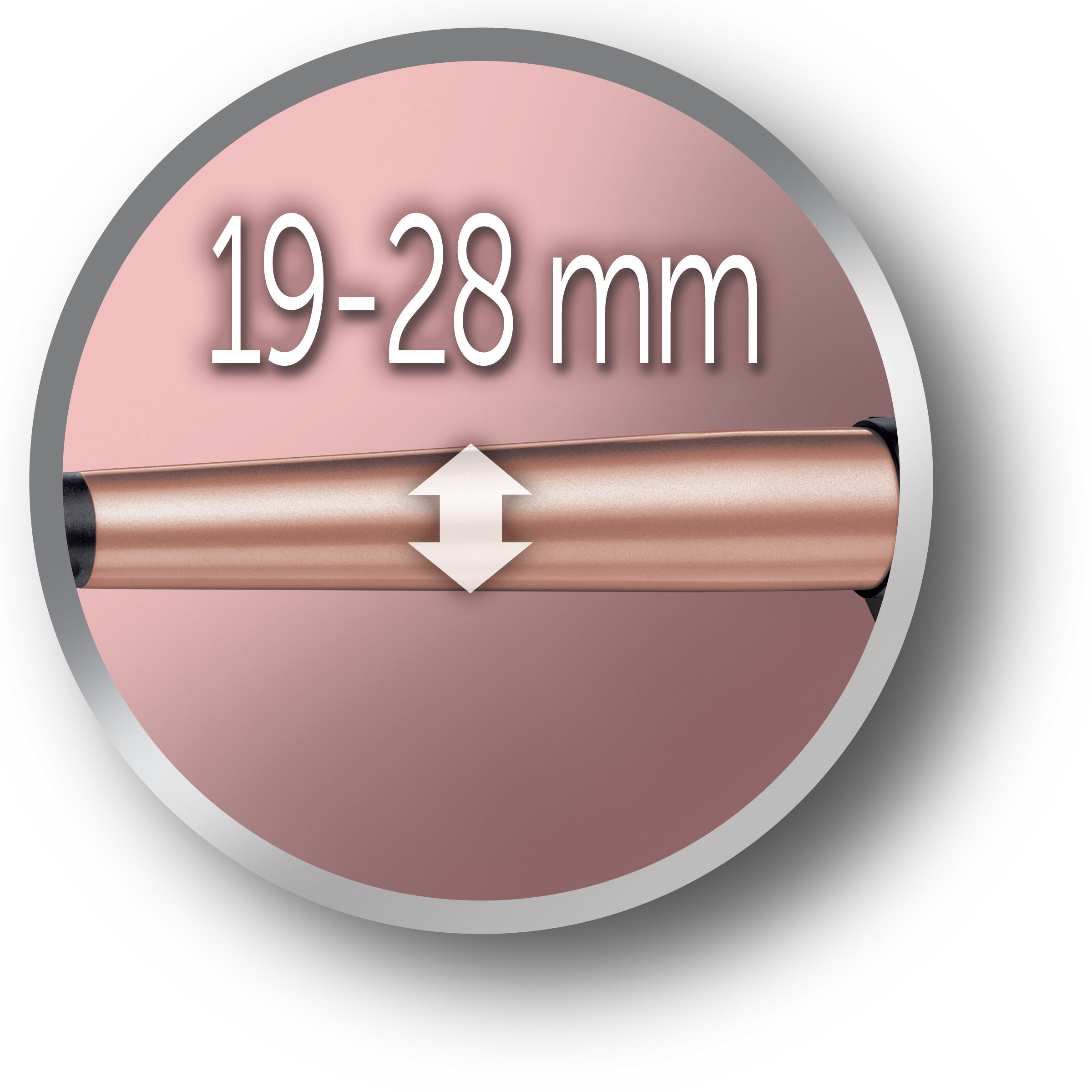 Haar-Lockenstab, roségoldfarbener Lauf, mit Text.