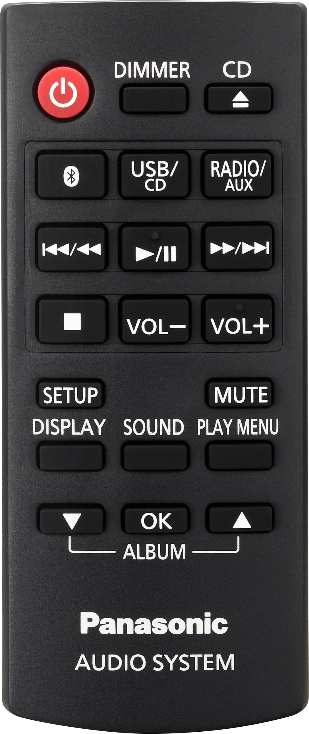 Egy fekete Panasonic audiórendszer távirányítója több gombbal, fehér háttéren.