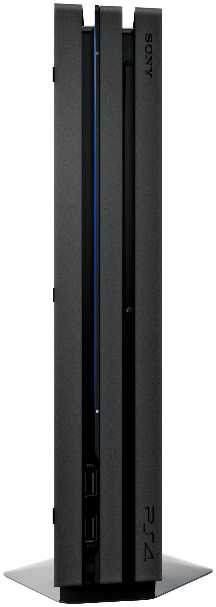Seitenansicht einer schwarzen PS4 Pro Konsole. Zeigt die Seite mit Ein-/Aus-Taste, USB-Anschlüssen und Ständer.
