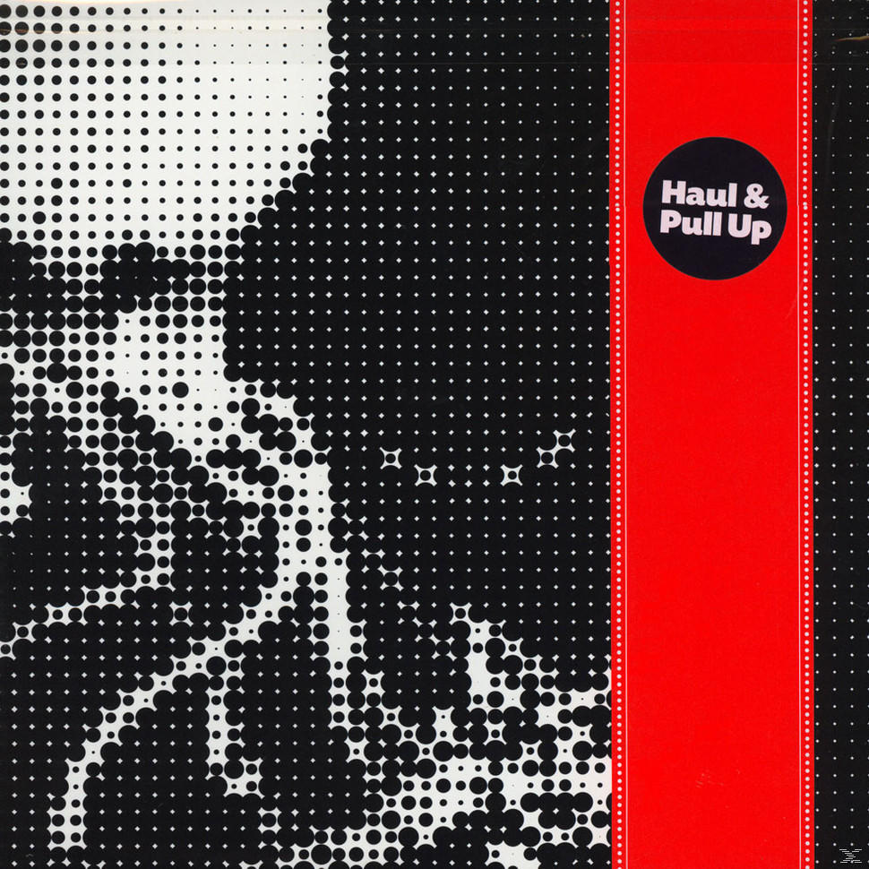 Schwarz-weißes Grafikdesign mit Punkten und einem roten vertikalen Streifen mit weißem Text.