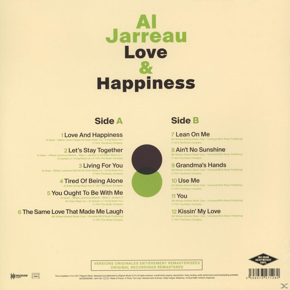 Albumcover: Al Jarreau's Love & Happiness. Titelliste auf der linken und rechten Seite.