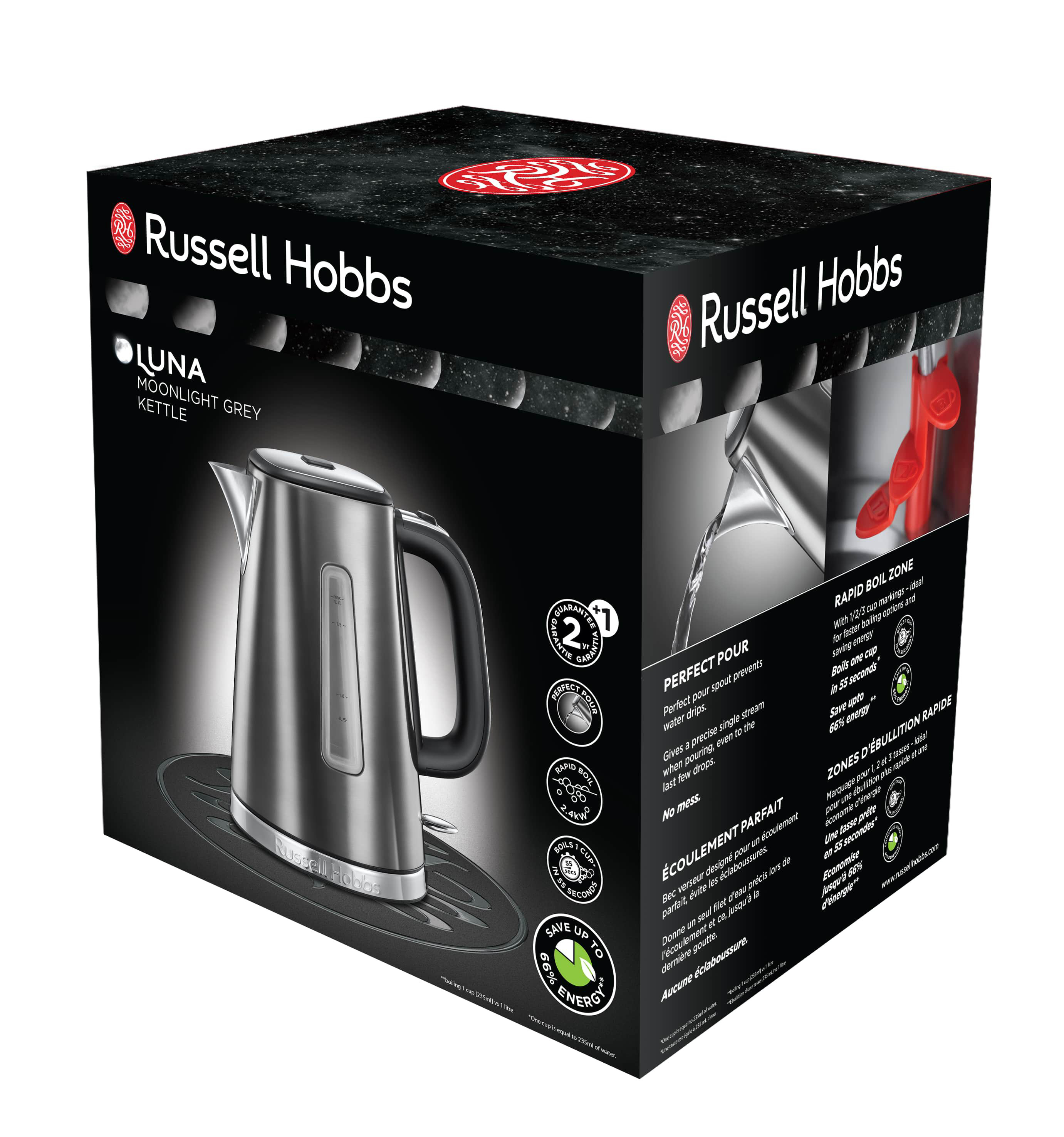 Boîte de la bouilloire Russell Hobbs Luna. La bouilloire est argentée. La boîte détaille les caractéristiques.