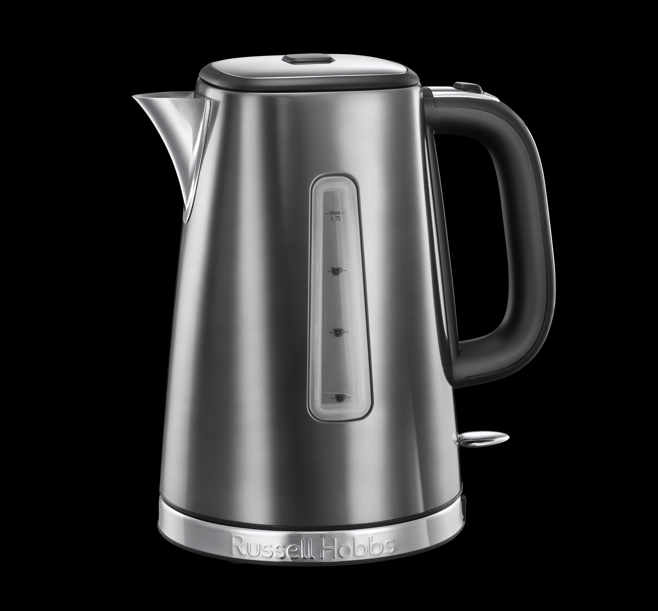 Bouilloire électrique argentée avec une poignée noire et fenêtre de niveau.