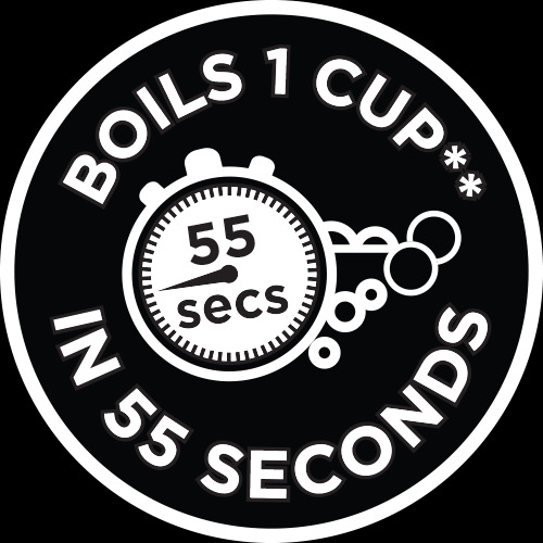 Graphique noir et blanc avec texte : Fait bouillir 1 tasse en 55 secondes. Une minuterie est au centre.