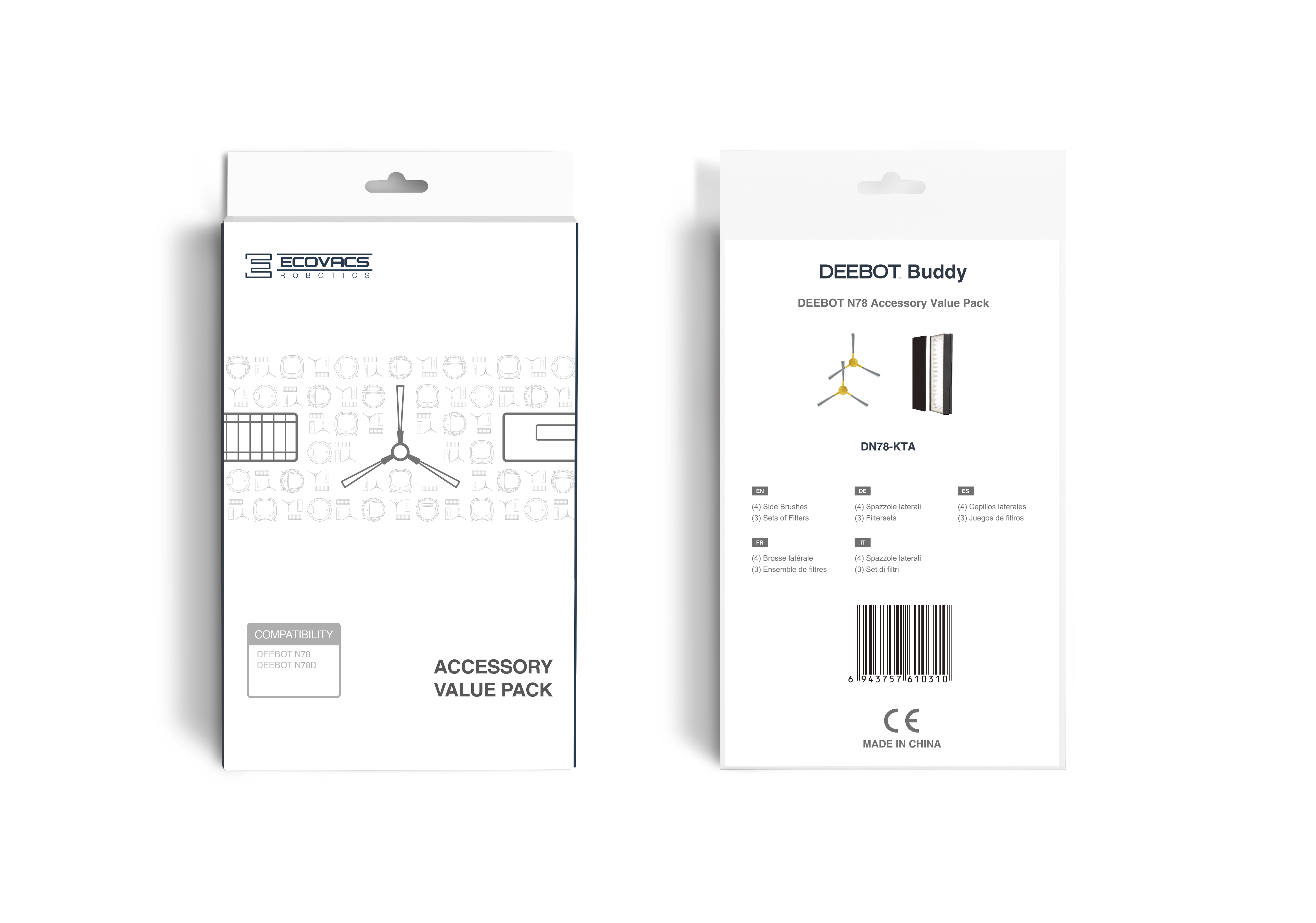 Witte doos met productdetails. Accessoirepakket voor robotstofzuiger met borstels en filters.