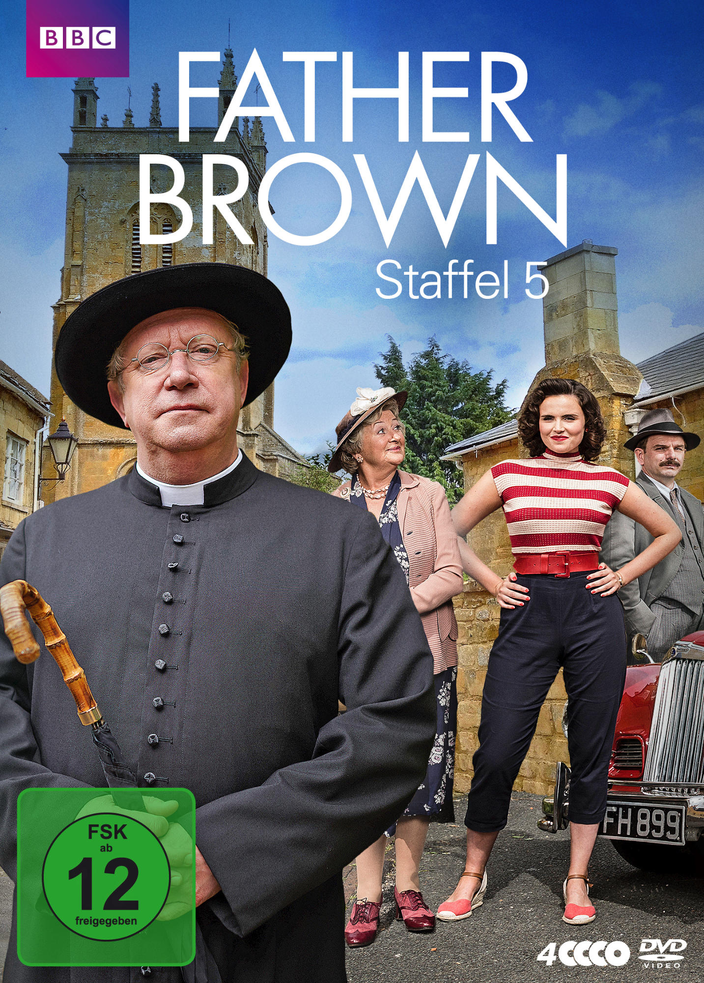 DVD-Cover: Father Brown und andere in einer Dorfansicht. BBC-Logo und Bewertung '12'.