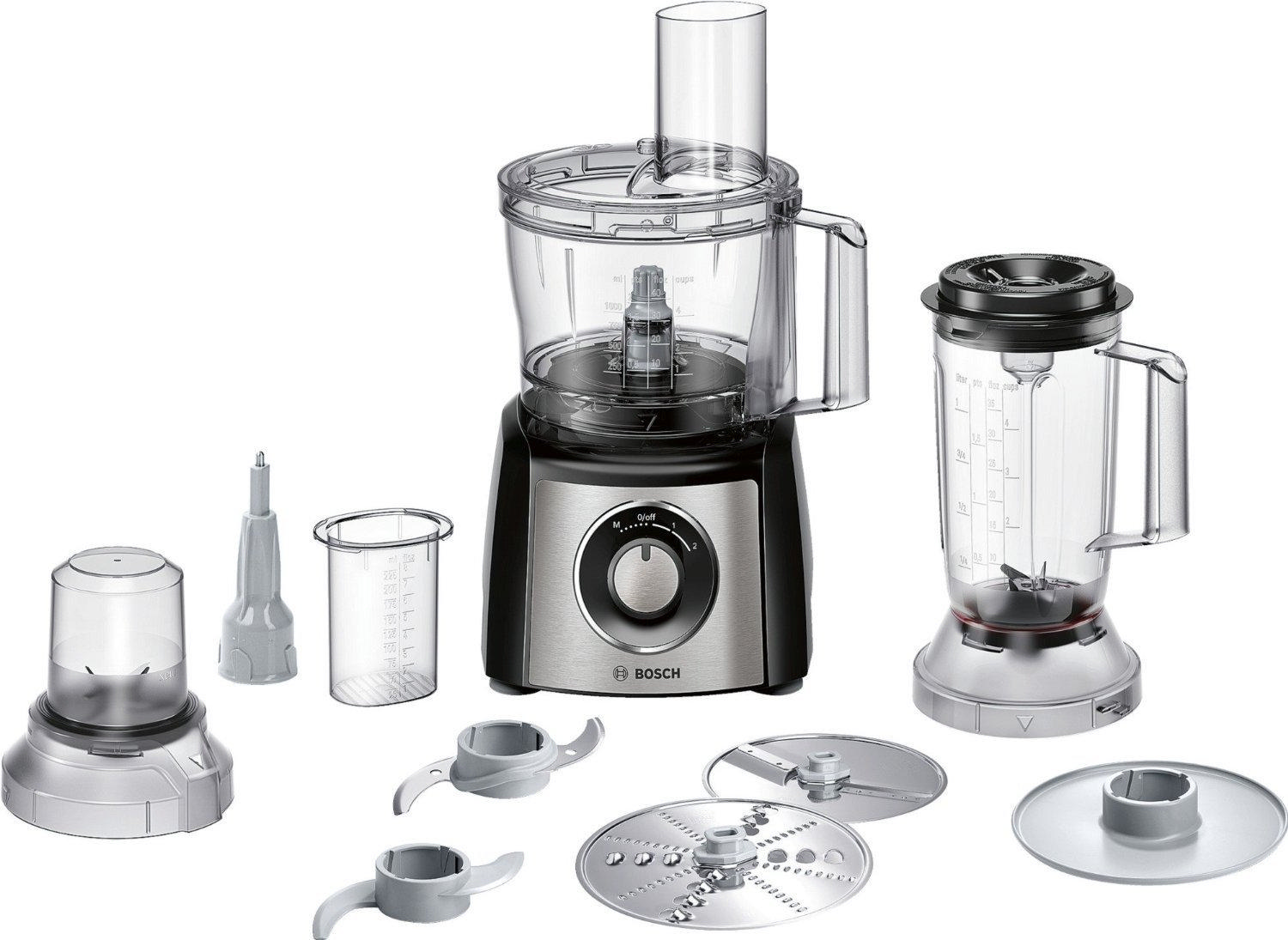 Bosch mutfak robotu, bıçaklar, bir blender ve küçük bir ölçü kabı dahil olmak üzere çoklu eklentilerle.
