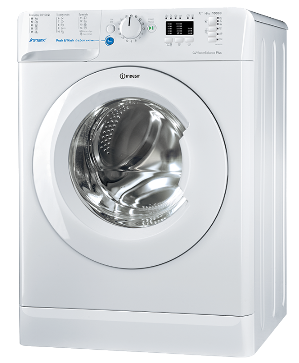 Fehér mosógép. Elölnézet kerek ajtóval és vezérlőpanellel. Indesit márka. Tiszta design.