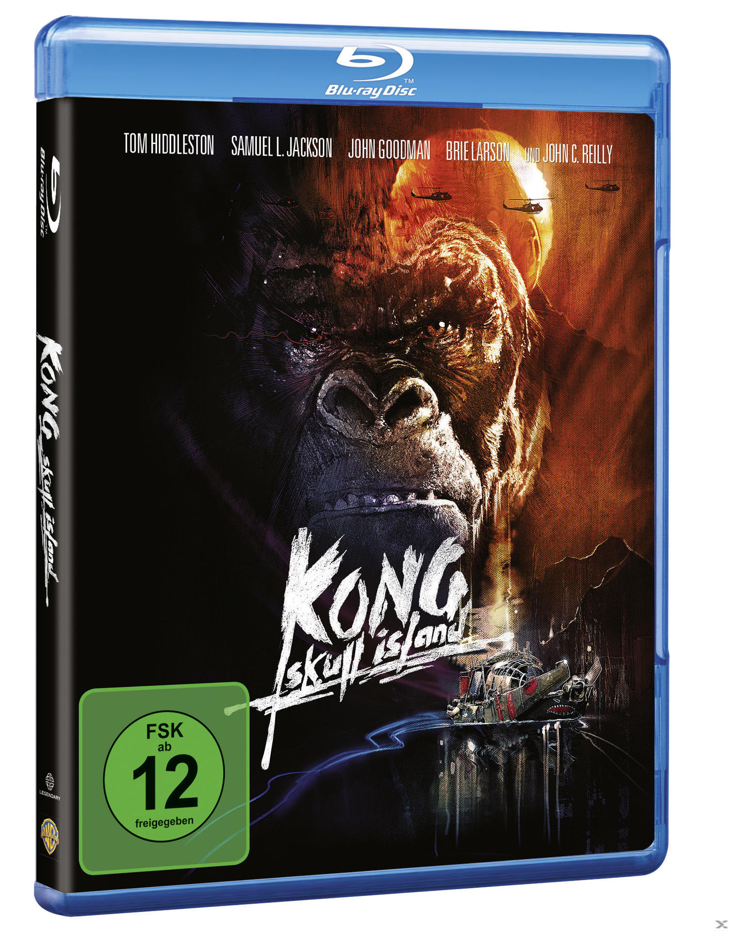 Blu-ray-Disc-Cover von Kong: Skull Island, mit Kongs Gesicht und einer Hubschrauberszene.