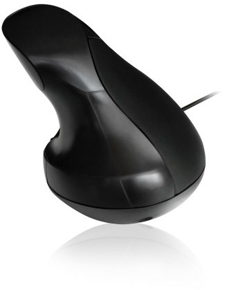 Zwarte ergonomische muis met een gebogen ontwerp en verticale oriëntatie.