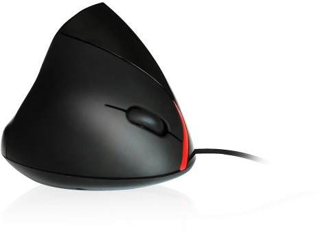 Zwarte ergonomische muis met rode accenten. Het heeft een verticaal ontwerp, naar rechts gekanteld.