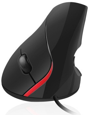 Een verticale ergonomische muis. Zwart met een rode accentlijn en een zwart snoer.