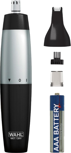 Een zwarte en zilveren Wahl neushaartrimmer met extra opzetstukken en een batterij.
