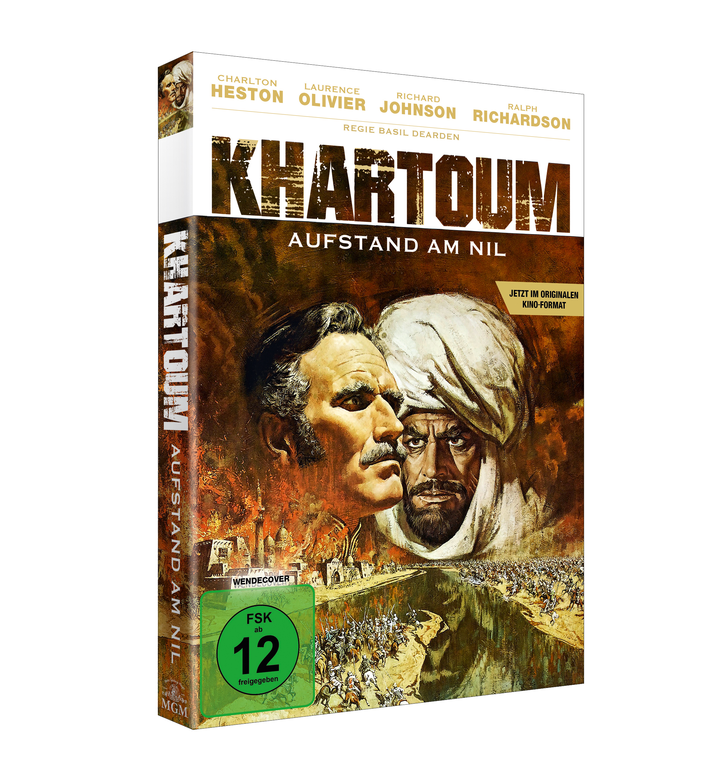 DVD-Cover für 'Khartoum' mit Fotos von Schauspielern und Text. Enthält das '12'-Logo.