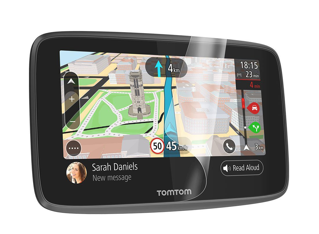 GPS-Navigationsgerät mit Karte, zeigt eine Route. Marke TomTom und Nachricht von Sarah Daniels.