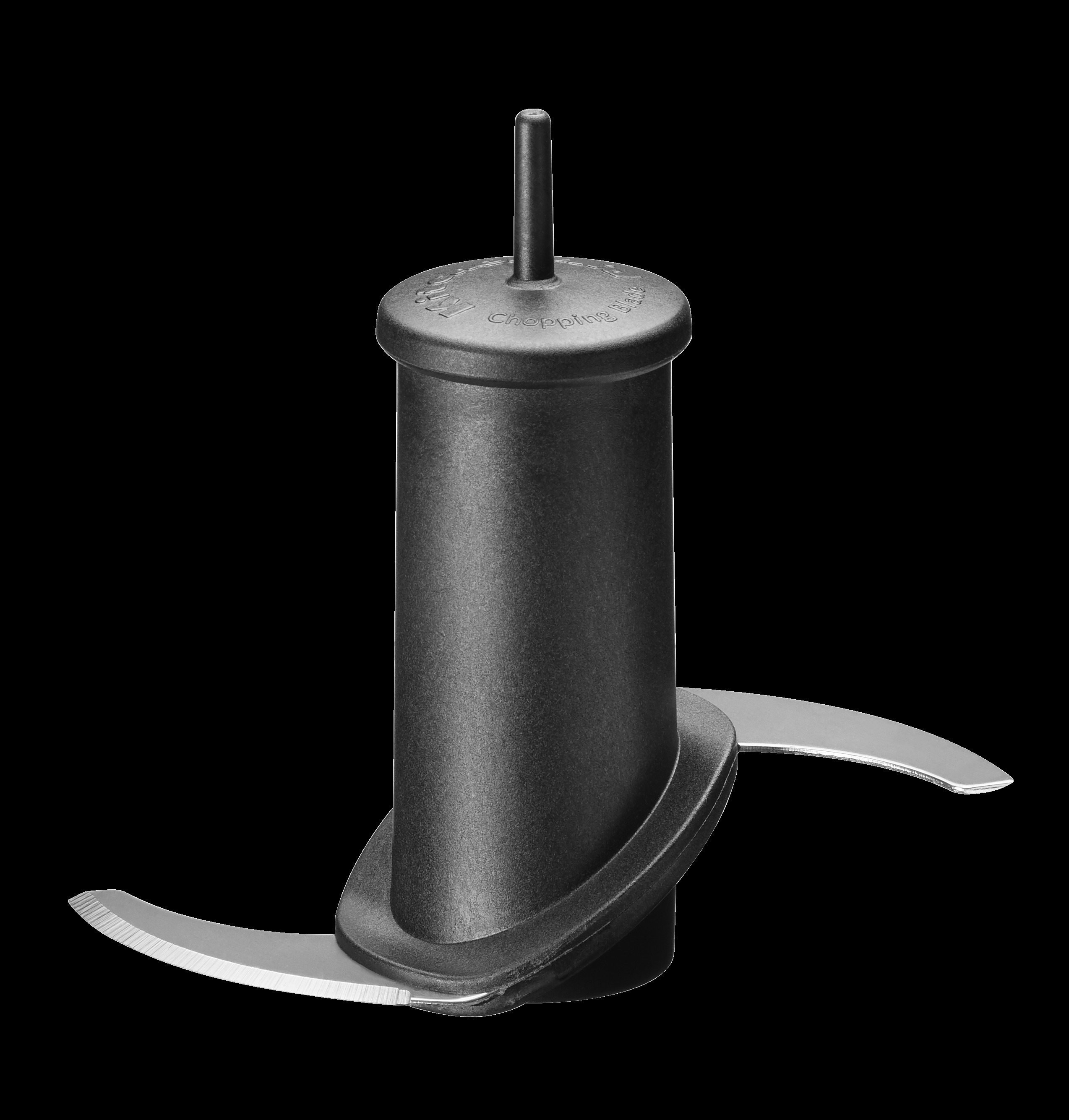 Schwarzes Küchenmaschinenmesser. Zwei gebogene Klingen mit einem schwarzen Mittelteil, der an einem schwarzen Griff befestigt ist.