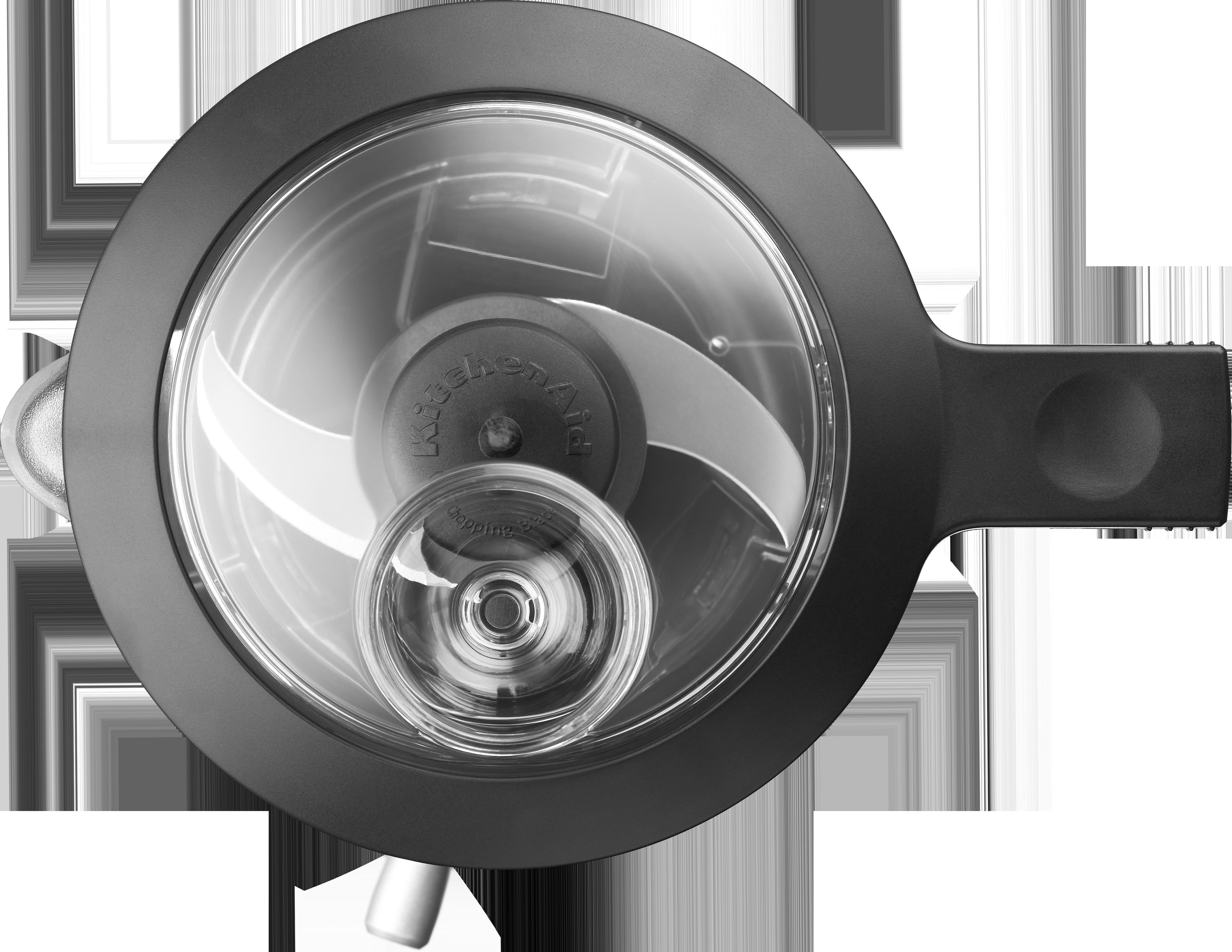 Draufsicht auf einen schwarzen KitchenAid-Foodprozessor mit Klinge und transparentem Deckel.