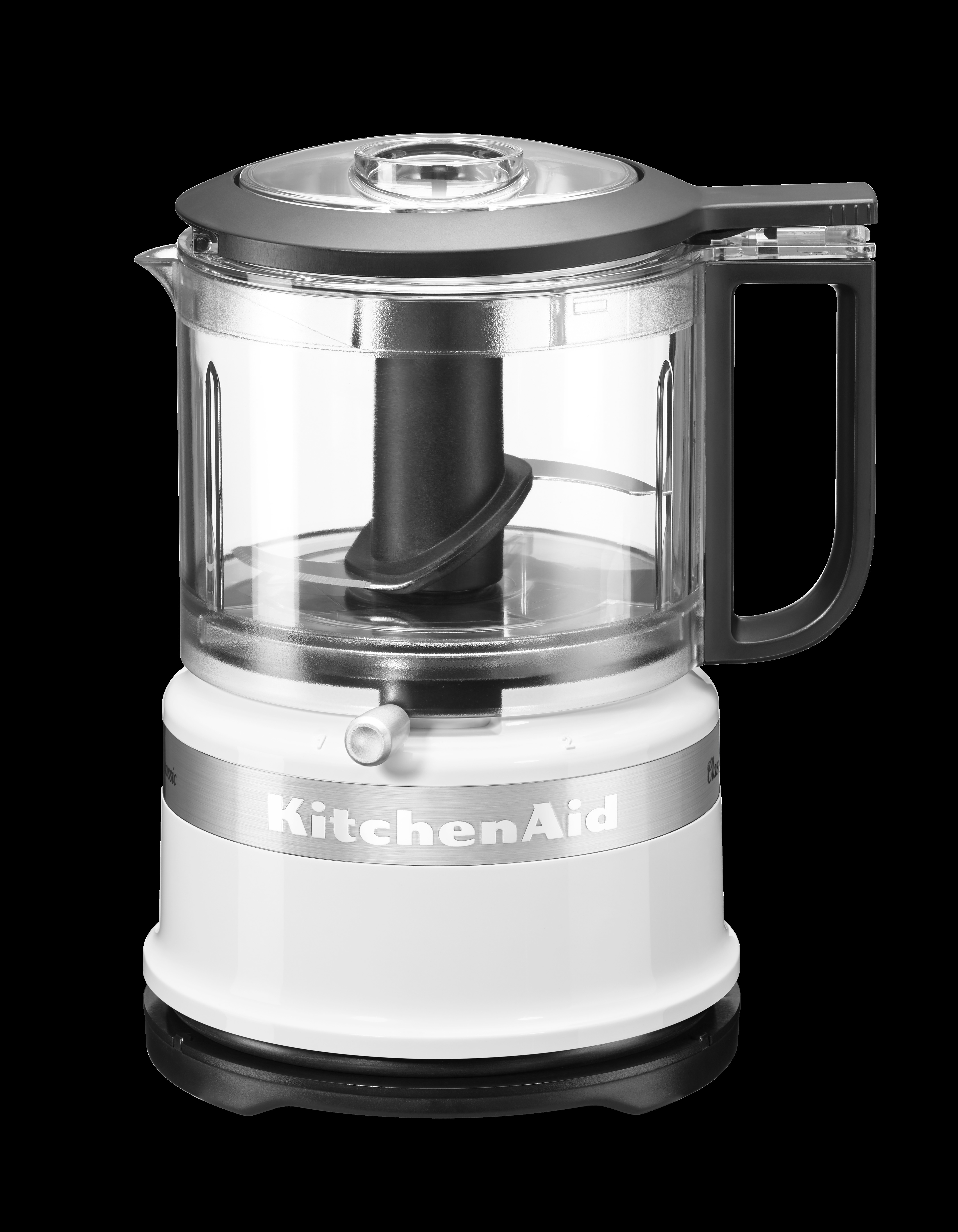 Ein weiß-schwarzer KitchenAid Mini-Food-Processor. Die Oberseite ist transparent mit einem schwarzen Griff.