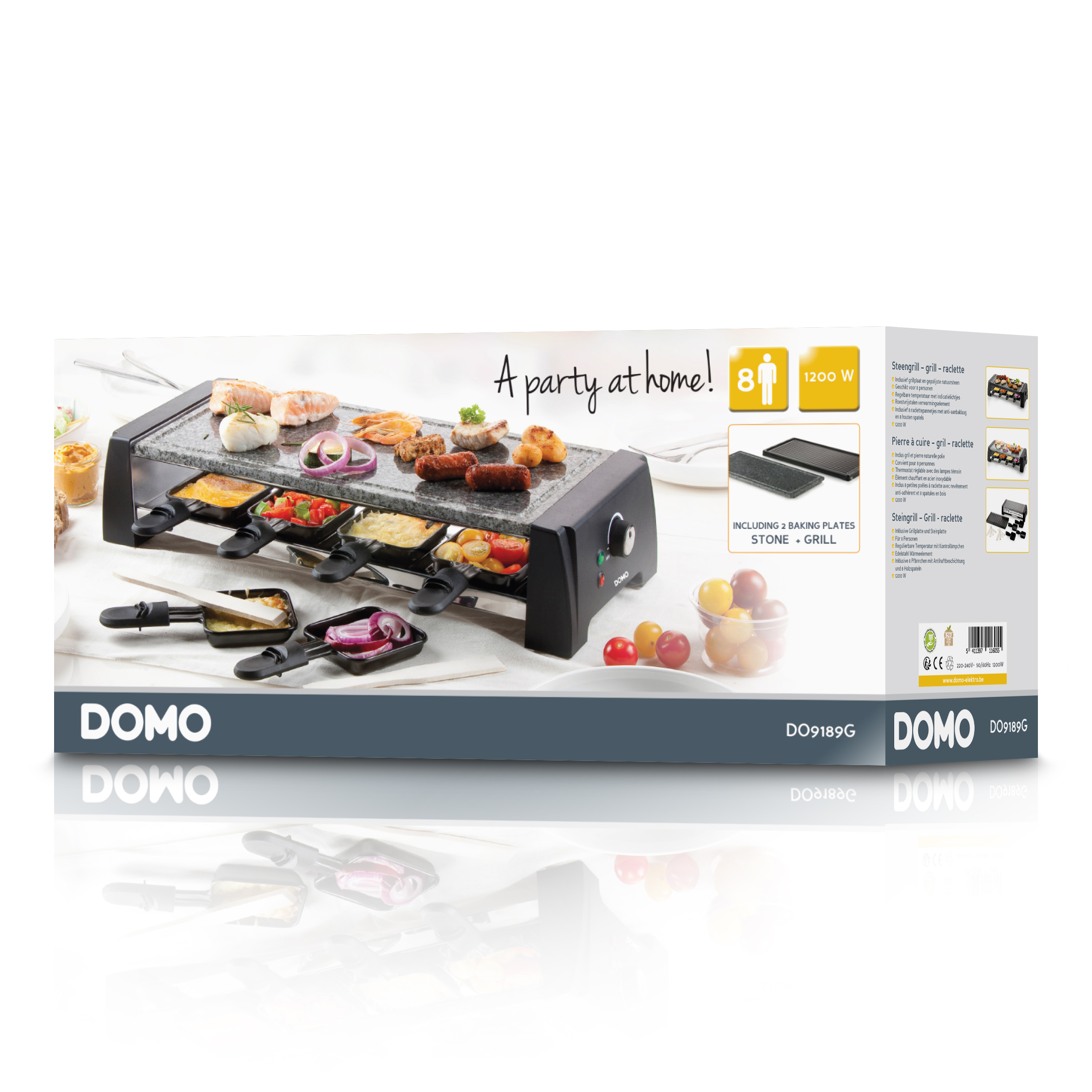 DOMO grilldoos met raclette-set, inclusief een zwarte grill met etenswaren.