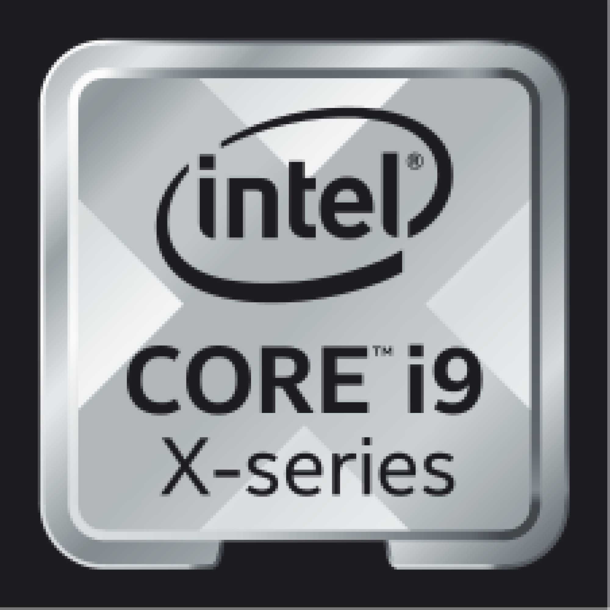 Logo Intel Core i9 X-series na srebrnym tle. Logo jest kwadratowe.