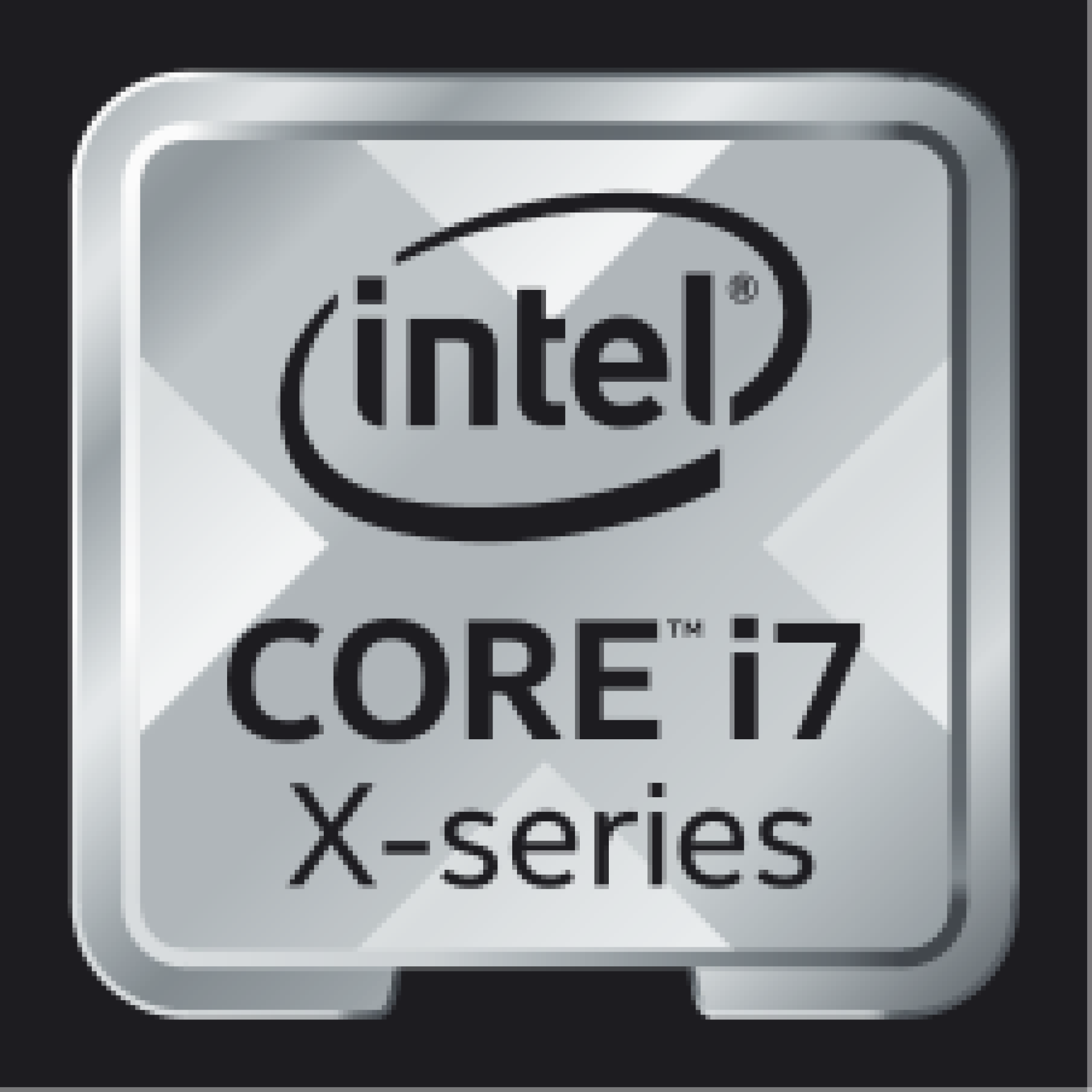 Intel Core i7 X-Serie Logo, weißer Text auf silbernem Rahmen, schwarzer Hintergrund.