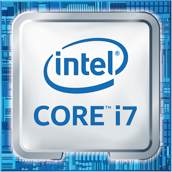 Intel Core i7 logosu, mavi ve beyaz, kare, mavi bir arka plan üzerinde.