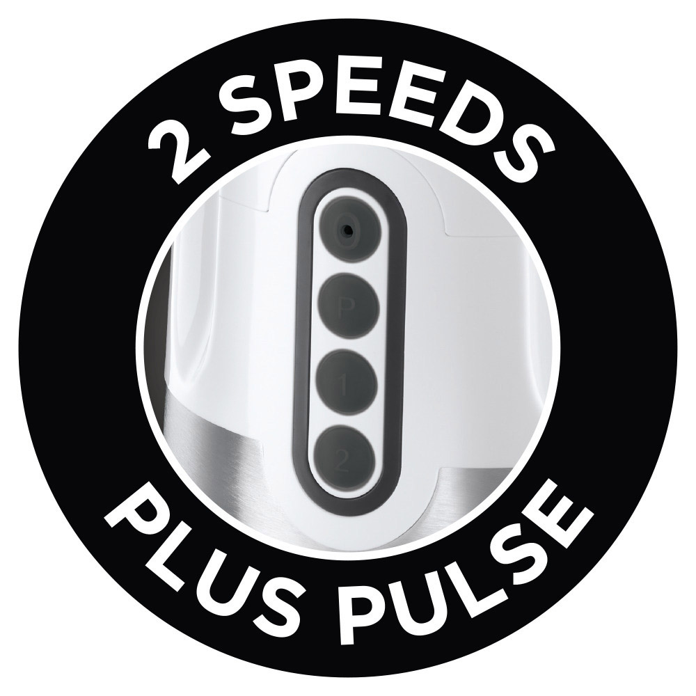 Nahaufnahme eines Mixer-Bedienfelds in einem schwarzen Kreis. Es zeigt Knöpfe mit der Aufschrift '2 SPEEDS PLUS PULSE'.