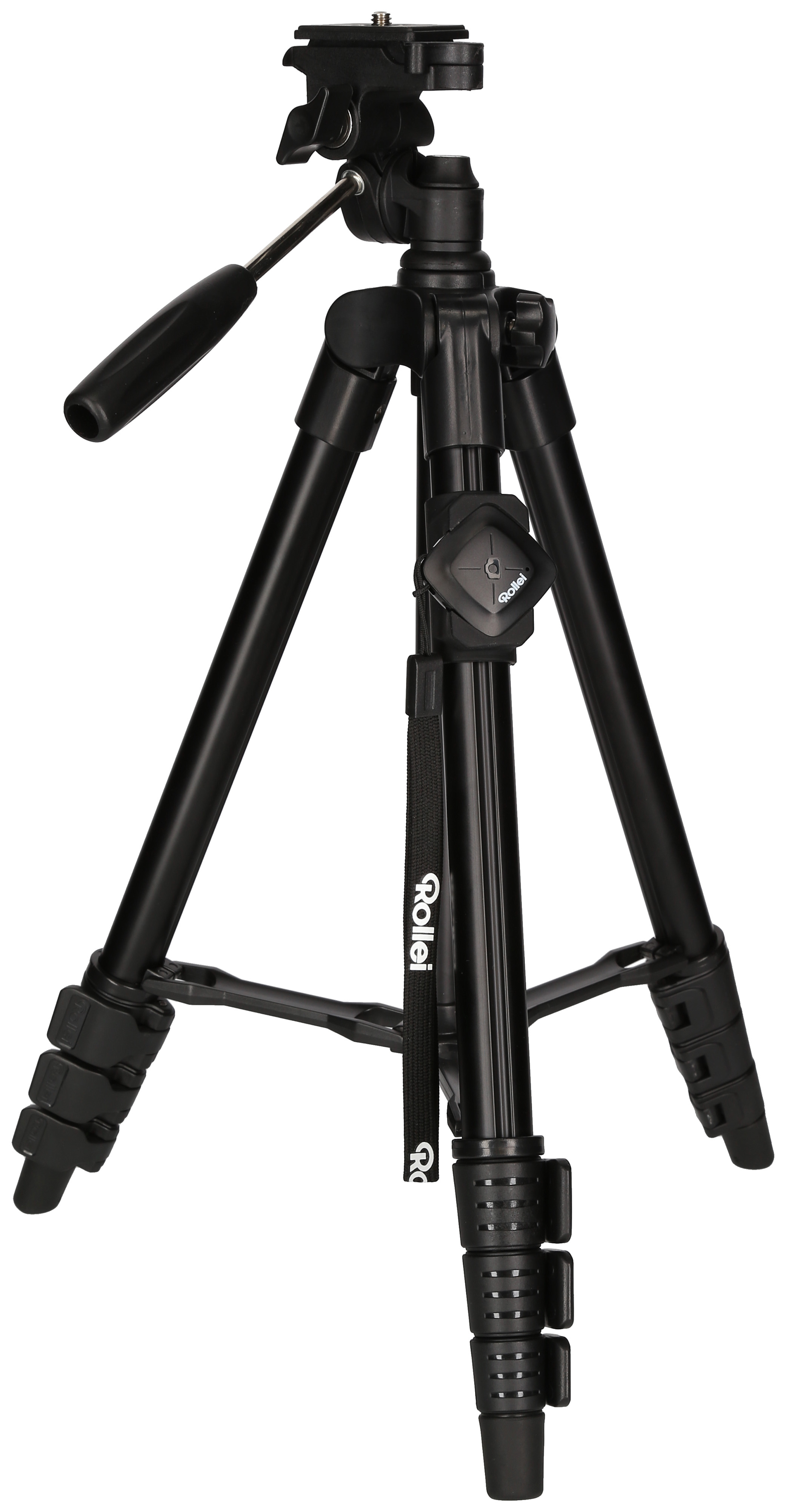 Black tripod with adjustable legs and head.