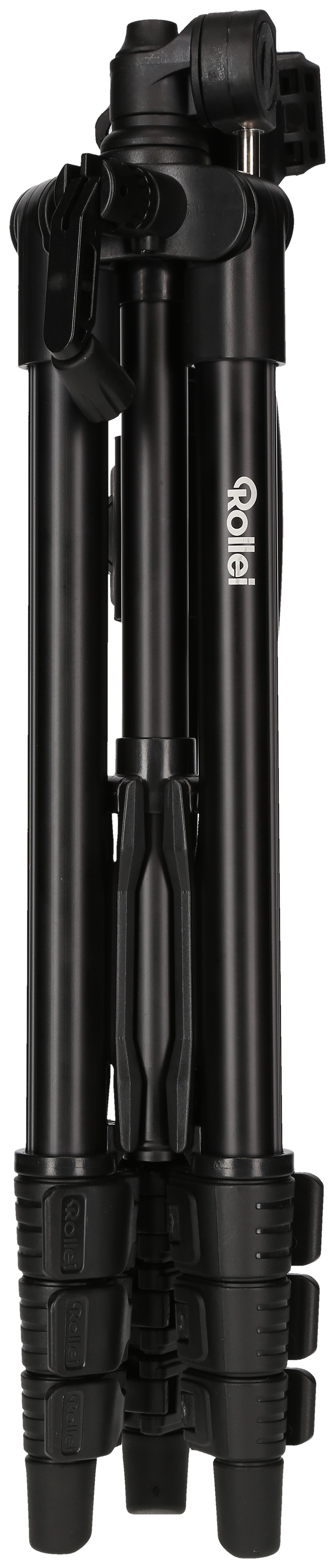 Black tripod with three legs extended. It has adjustable sections and locking mechanisms. Isolated.