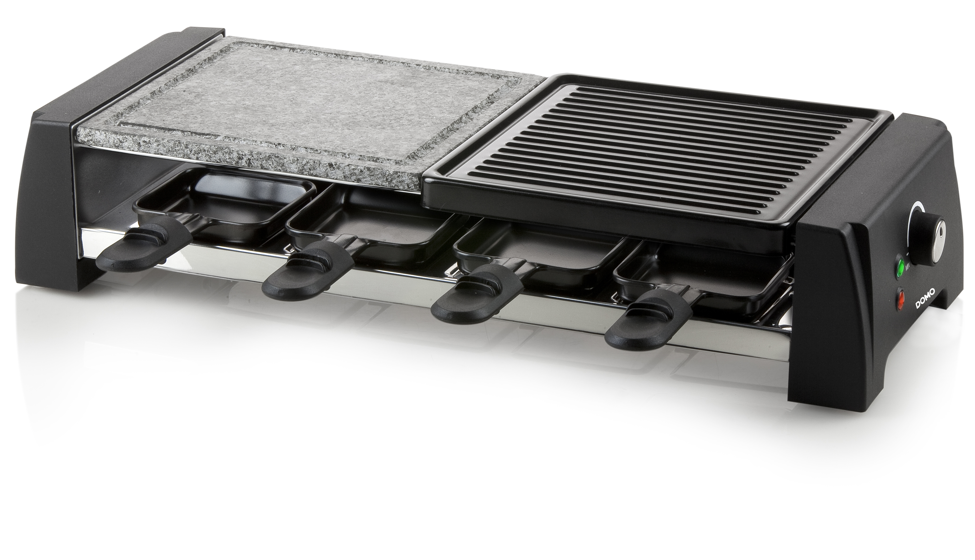 Gril noir avec deux surfaces de cuisson et quatre supports. La base est noire.
