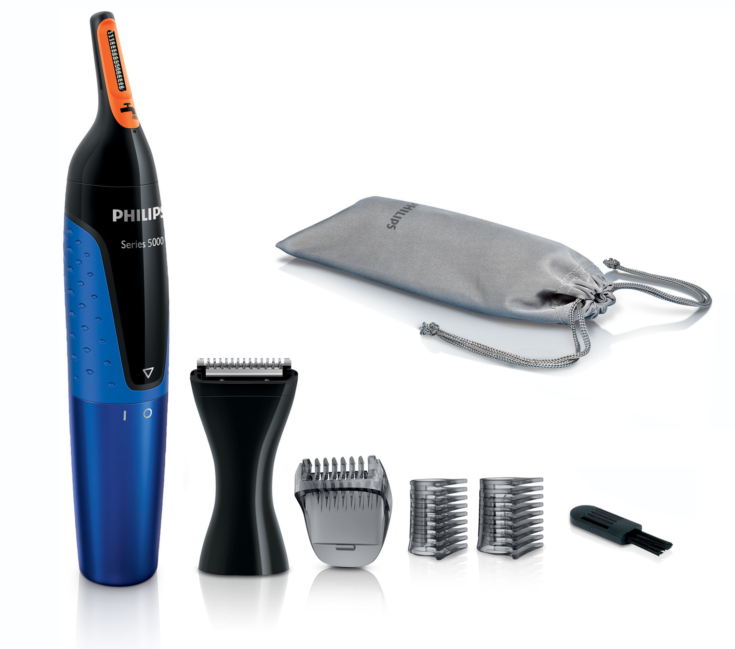 Philips Nasen- und Ohrenhaartrimmer mit Aufsätzen und grauer Tasche auf weißem Grund.