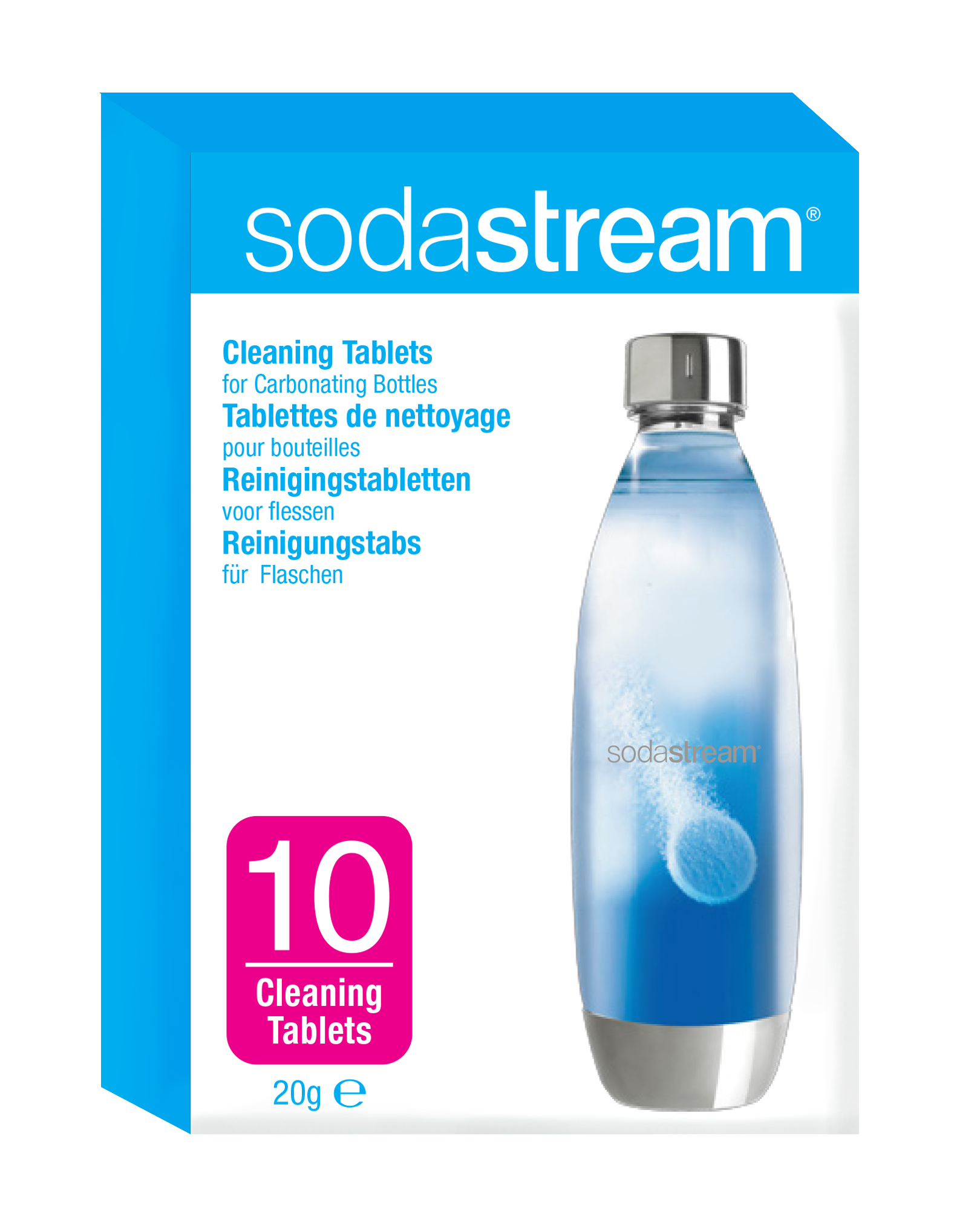 SodaStream box and bottle. Bottle has tablet, blue and white. Box has text in multiple languages.