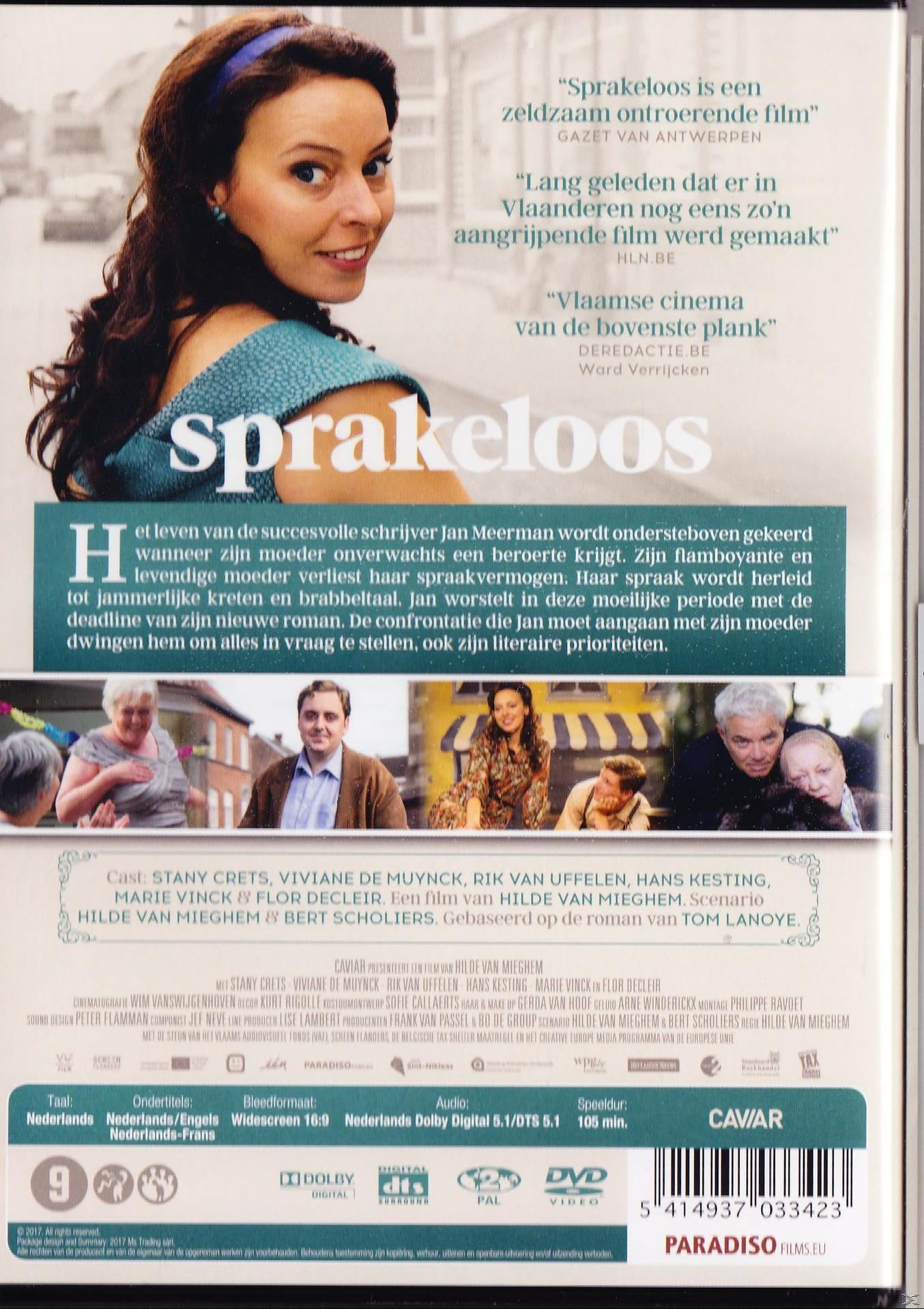 DVD-hoes voor de film "Sprakeloos" met een vrouwenportret en filmdetails.