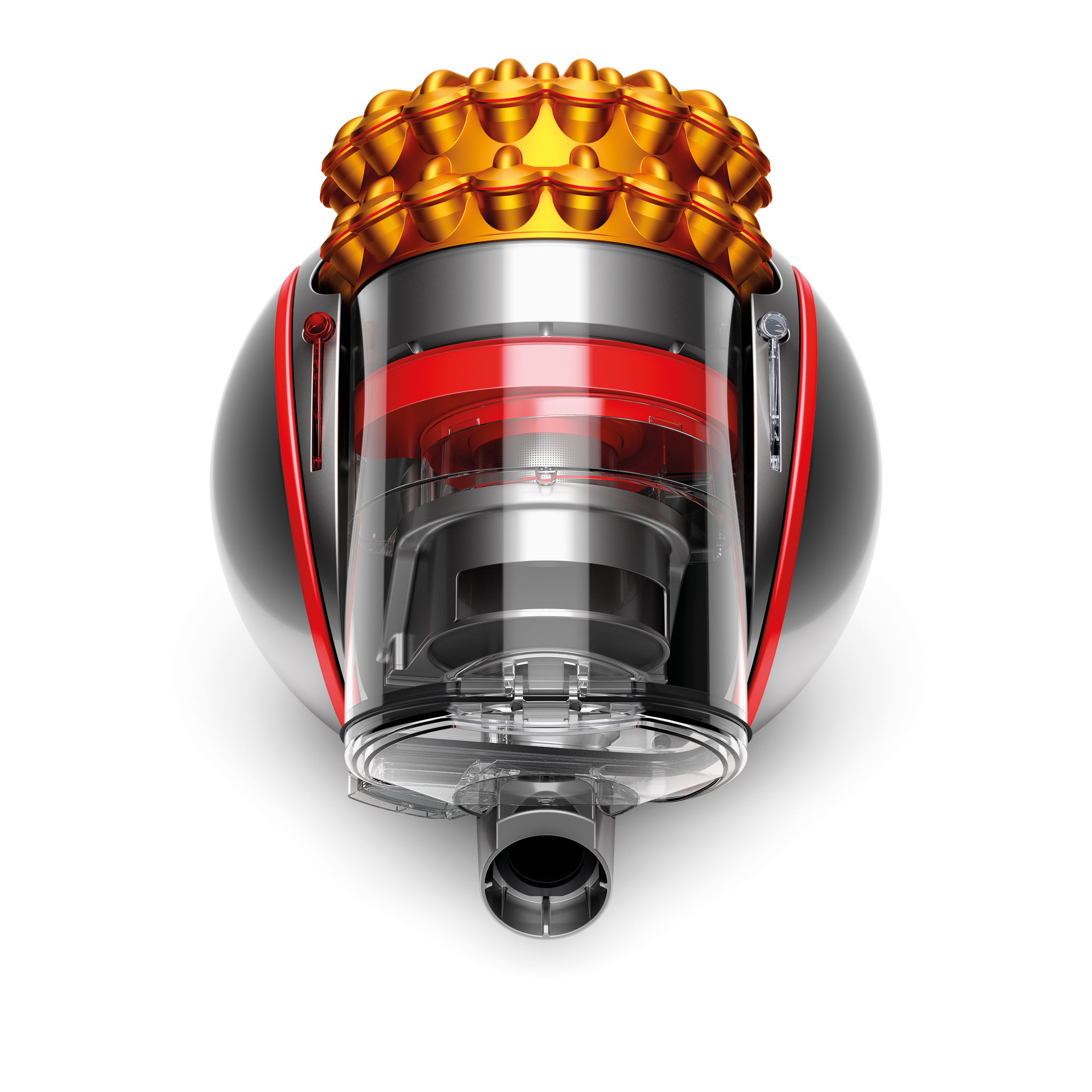 Staubbehälter eines Dyson-Staubsaugers, in Schwarz, Rot und Gold.