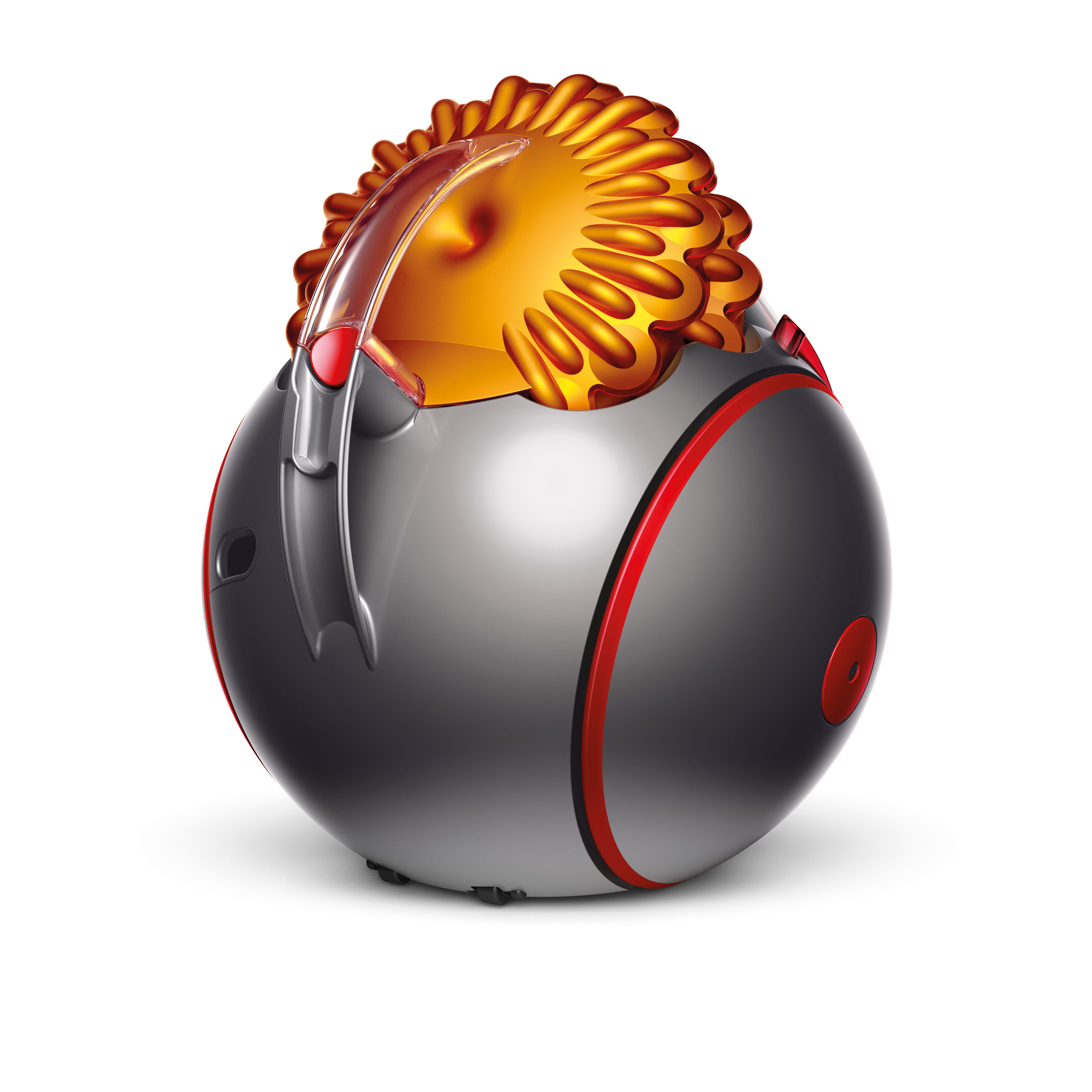 Ein grauer und roter Dyson-Staubsaugeraufsatz. Es hat eine kugelförmige Form und ein klares, sonnenähnliches Element.