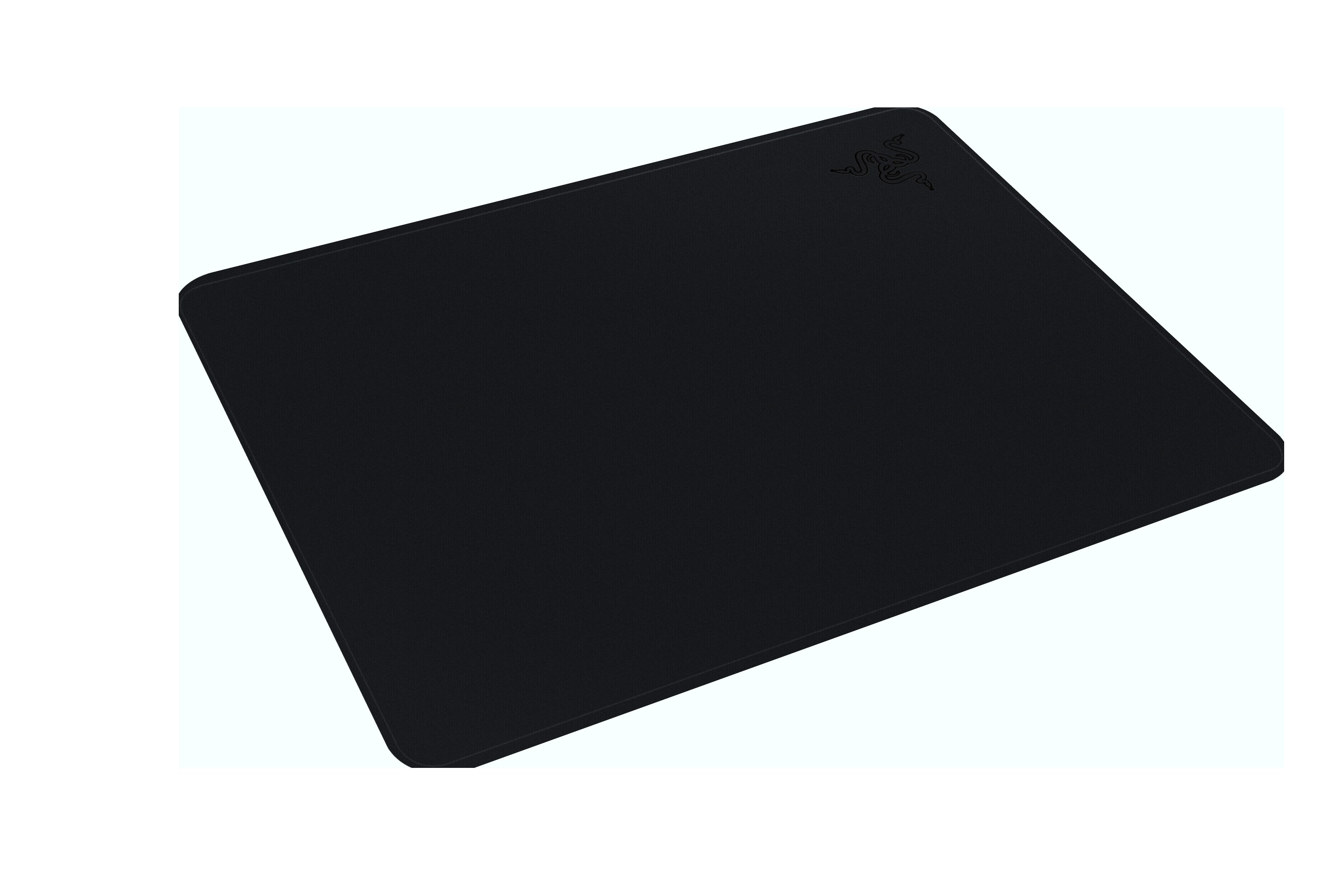 Schwarzes rechteckiges Razer-Mauspad auf hellblauem Untergrund, Razer-Logo oben rechts.