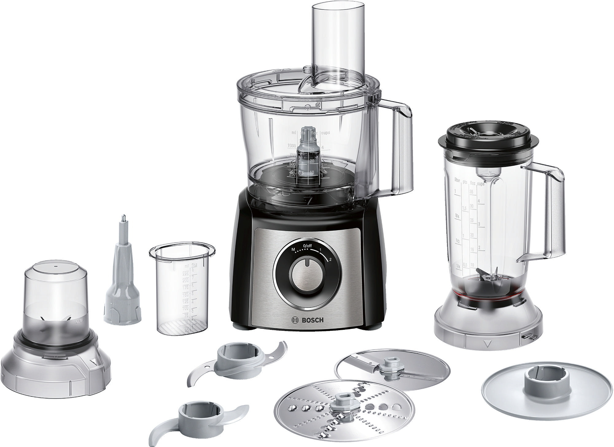Çoklu eklentilere sahip mutfak robotu. Bir blender, bıçaklar ve bir ölçü kabı içerir.