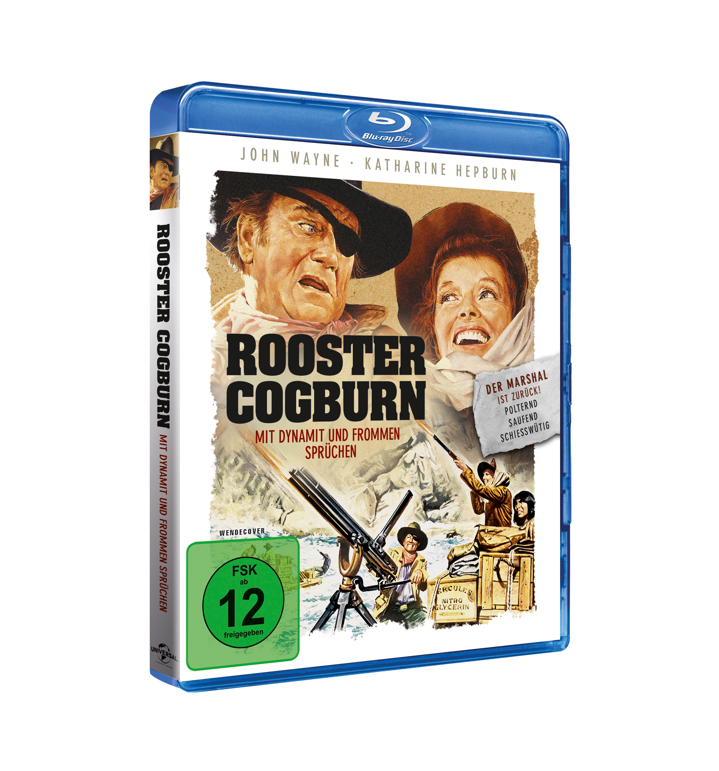 DVD-Cover mit John Wayne und Katharine Hepburn, weißer Hintergrund.