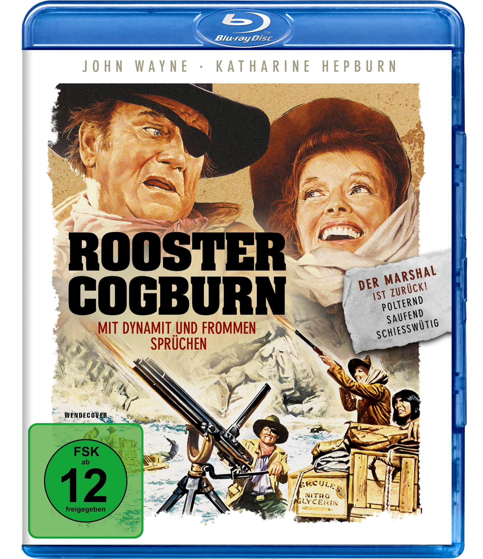 Filmposter für "Rooster Cogburn" mit John Wayne und Katharine Hepburn.