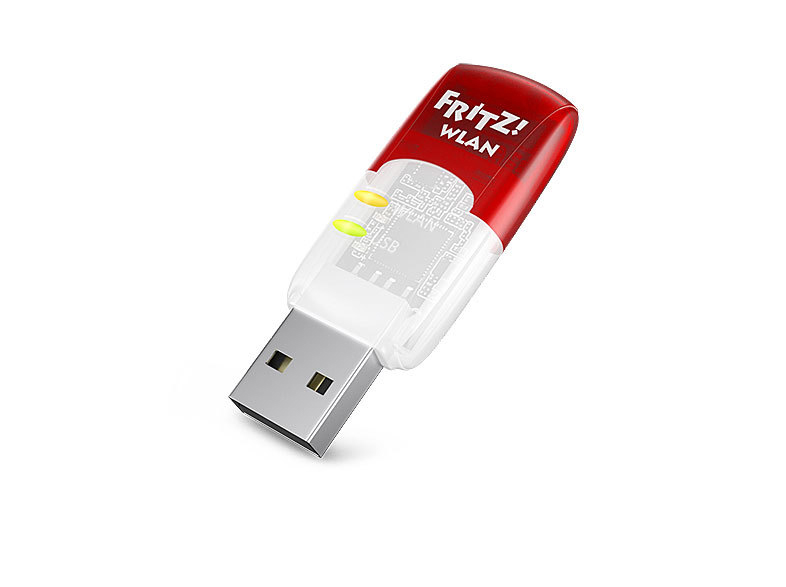 USB-WLAN-Adapter. Rotes und weißes Gehäuse mit USB-Anschluss.