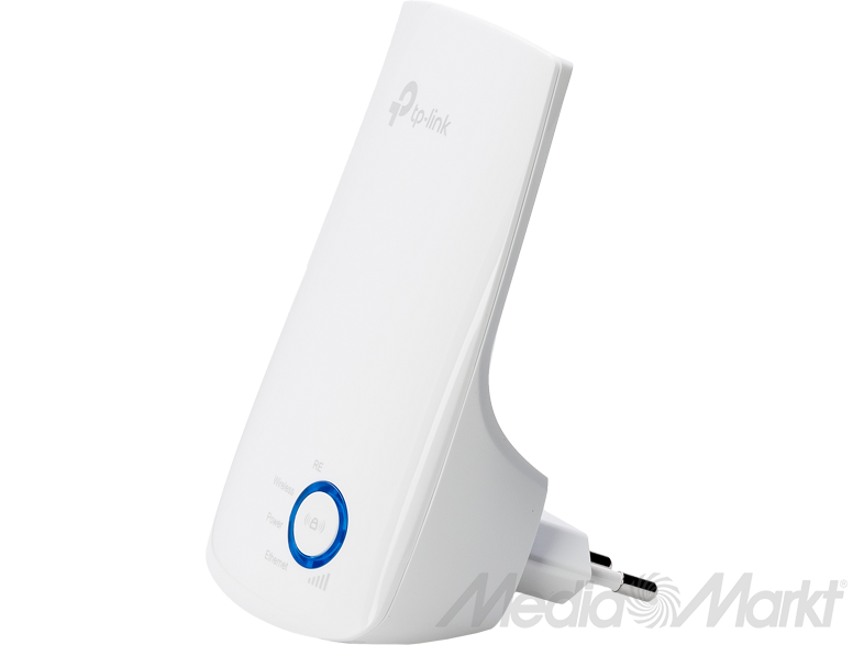 Fehér TP-Link WiFi jelerősítő kék fénnyel és dugóval.