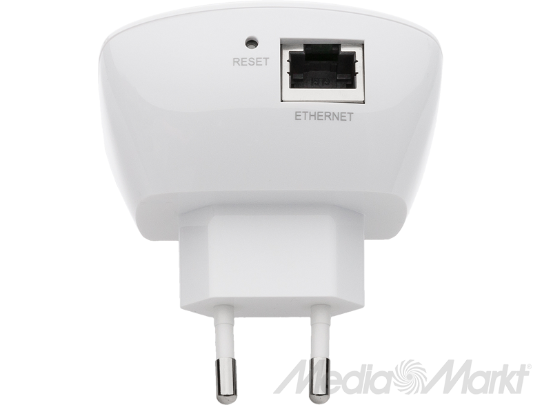 Fehér fali dugó Ethernet porttal és reset gombbal. Két villával rendelkezik az elektromos csatlakozáshoz.