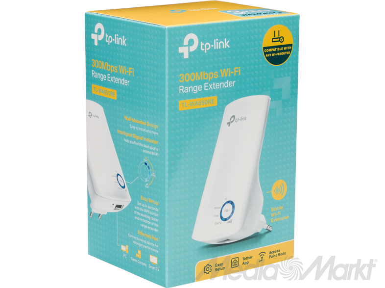 Wi-Fi hatótávnövelő doboz: fehér hatótávnövelő, termék adatok és a TP-Link logó.