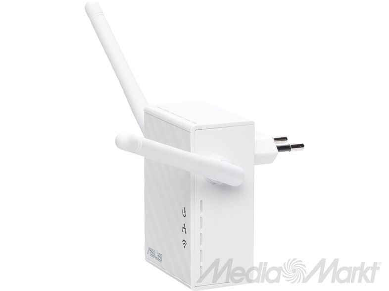 Fehér ASUS Wi-Fi jelerősítő két antennával és hálózati csatlakozóval. A márkanév látható.