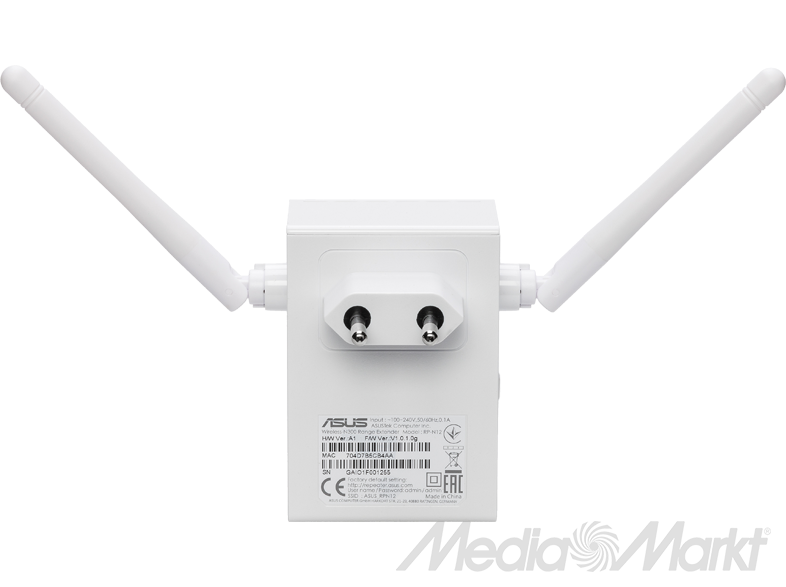 Fehér ASUS WiFi bővítő két antennával. Két tüske van rajta, hogy a falba lehessen dugni.