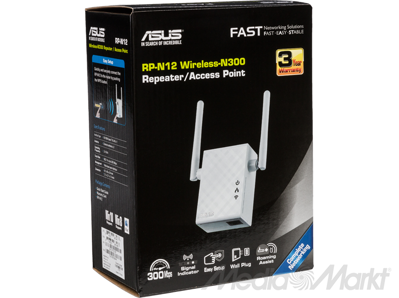 Fekete-fehér doboz Asus vezeték nélküli jelerősítő részletekkel.