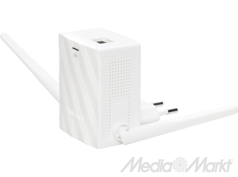 Fehér WiFi hatótávolság-növelő két antennával és dugóval. A MediaMarkt logó látható.