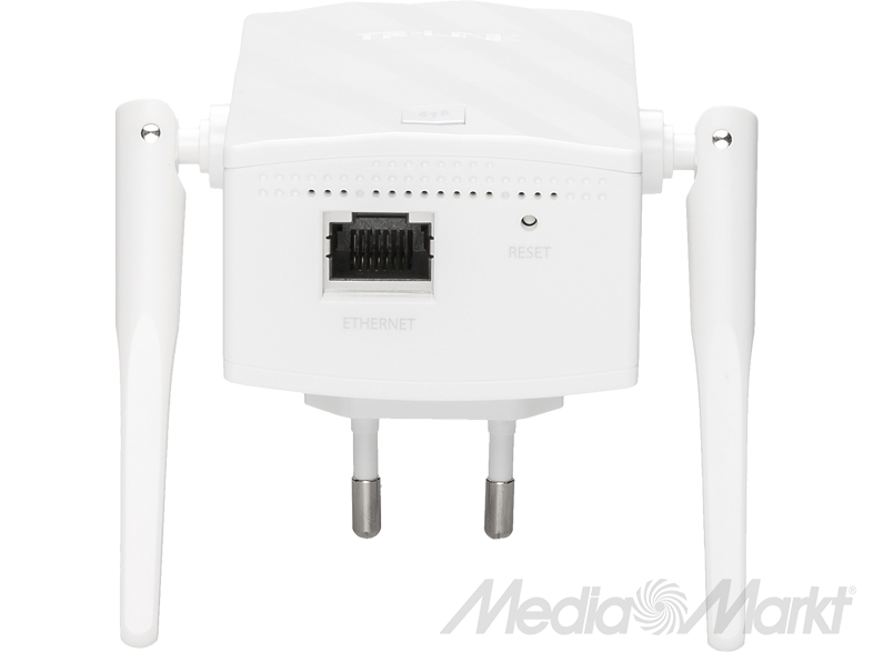 Fehér TP-Link WiFi jelerősítő antennákkal és Ethernet porttal. Van rajta reset gomb.