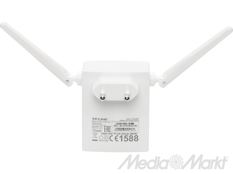 TP-Link Wi-Fi hatótávolság-bővítő. Fehér, két antennával, dugaszolható kivitel.
